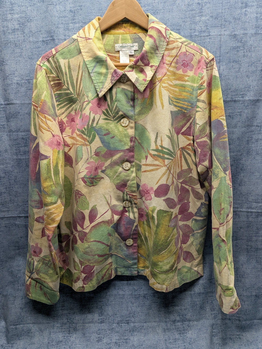 Coldwater Creek Vintage Tropical Floral Print Cotton Button Shirt Jacket Large